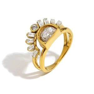 18K gold plated stainless steel sunburst double layer ring with zircon stones