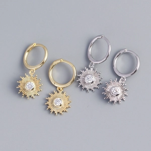 925 Sterling Silver Sun Pendant Huggie Hoop Earrings Zircon Inlaid French Bohemian Style Dainty Jewelry For Women