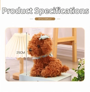 Detail of 25cm brown curly plush toy puppy with blue plaid bows on a white book