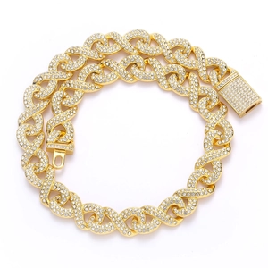 Iced out gold infinity link Cuban chain necklace with pave rhinestones and clasp