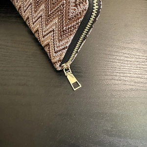 Brown herringbone fabric long zipper wallet for women with golden metal zipper detail