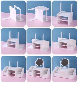 Step-by-step assembly guide for a white wooden cosmetic organizer with mirror and drawers