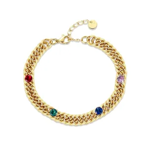 Stainless Steel Bracelet With Colorful Round Zircons Cuban Link Chain For Women Chic Adjustable Jewelry