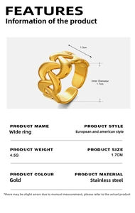 Detail showing 1.3cm wide 18K gold plated stainless steel ring with chain texture