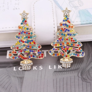 Exaggerated gold hollow Christmas tree earrings with colorful rhinestones for women