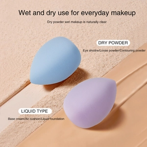 Dual-use teardrop makeup sponges for wet and dry application in light blue and purple