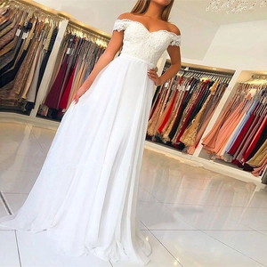 Off Shoulder Lace Embroidery Chiffon Wedding Dress Elegant A-Line Floor Length Ivory White Bridal Evening Gown For Women