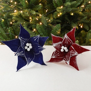 Artificial Christmas Poinsettia Flowers Velvet Cloth Shimmering Snow Tipped Holiday Tree Ornaments Floral Decor