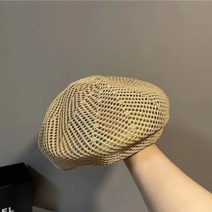 Breathable crochet hollow knit beige beret hat for women with lightweight summer design