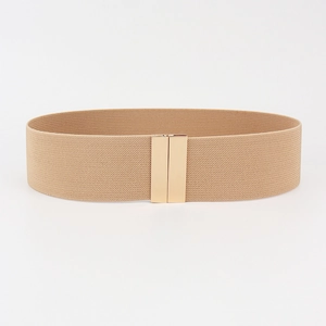 Macro detail of khaki elastic waist belt with a sleek gold rectangular metal buckle