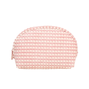 Pink and beige plush semi-circle cosmetic bag with contrast colors and top zipper