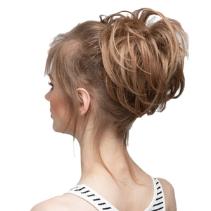 Messy bun hair extension in light brown curly synthetic hair for a voluminous look
