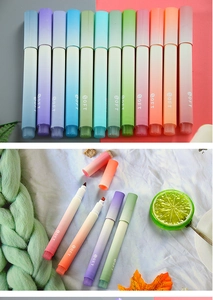 Detail shot of 12 gradient soft-tip highlighters with a creative lifestyle flat lay