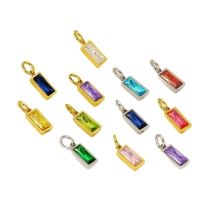 18K gold and silver plated rectangle birthstone charms with colorful cubic zirconia