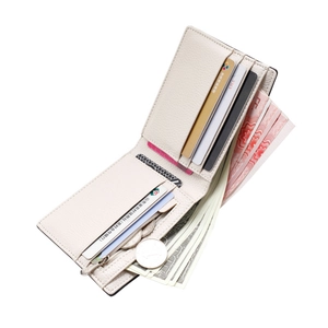Men's slim bi-fold wallet in beige leather featuring card slots and zipper pocket
