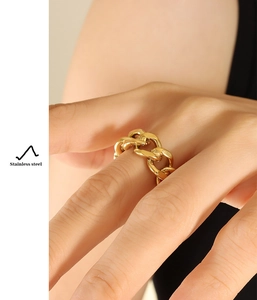 Detailed close-up of a polished gold-plated stainless steel cuban link chain ring