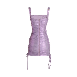 Detail view of purple ruched mini dress showing metallic texture and side lace-up design