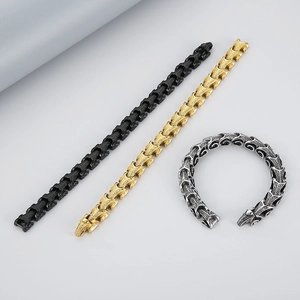 Detailed interlocking scale pattern on punk style stainless steel bracelets in three colors