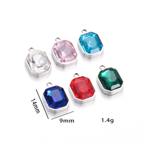 Detail view of colorful 14x9mm rectangular glass crystal pendants in stainless steel
