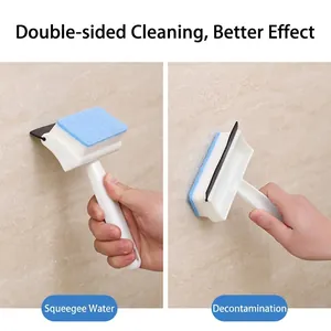 Dual-sided bathroom cleaning brush with sponge and rubber squeegee for tiles and glass