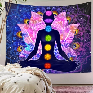 Tapisserie de méditation aux sept chakras avec lotus violet et mandala pour murale déco