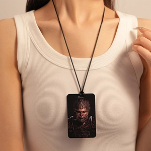 Rectangle Pendant Stainless Steel Necklace With Braided Leather Rope Chinese Style Vintage Character Printed Sweater Chain