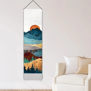 Modern landscape tapestry with red sun and blue mountains in a stylish living room