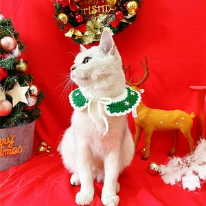 Handmade crochet Christmas pet collar with snowflake and red pompom for cats and dogs