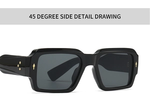 Detailed 45-degree side view of thick square sunglasses with gold star metal rivets