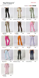 Detailed color chart showcasing thirteen vibrant options of high-waisted flared yoga pants