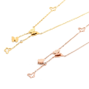 Titanium steel butterfly necklace set with pearl tassels and rhinestones in gold and rose gold