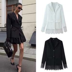 Women Blazer Jacket Polyester Lace Splicing Long Sleeve Lapel Collar Elegant Fashion Office Lady Suit Outerwear