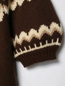 Close-up of knit sweater cuff with Fair Isle wave pattern and ribbed elastic wrist detail
