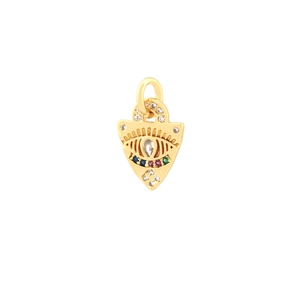 Detailed close-up of golden triangle pendant with colorful gemstones and evil eye carving