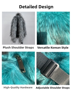 Detailansicht des Plüschrucksacks aus Kunstpelz mit Metallreißverschluss und Tragegurt
