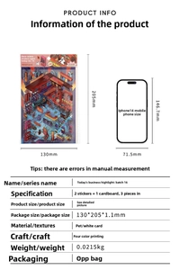 Detailed size specifications for PET sticker set with iPhone 14 scale comparison