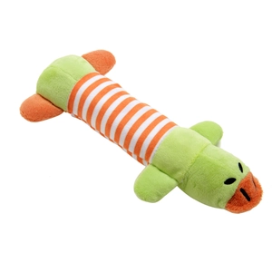 Detailed view of long plush duck pet toy with green limbs and orange striped soft body