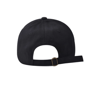 Detail of the cotton baseball cap back featuring an adjustable bronze metal buckle strap