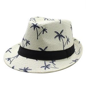 Panama Fedora straw hat in cream with navy palm tree prints and a black band