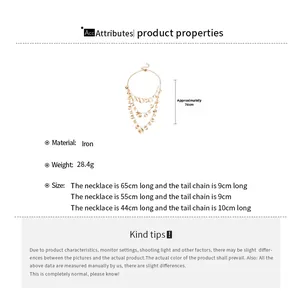 Three-layered iron gold disc pendant necklace detailing length and material attributes