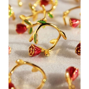 French Romantic Handmade Enamel Rose Open Adjustable Ring Vintage Gold Plated Brass Flower Finger Ring Jewelry For Women