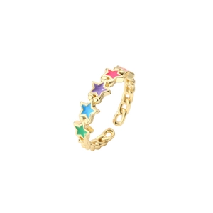 Gold open star ring with colorful enamel stars and textured chain band design