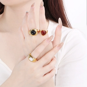 French minimalist 18K gold plated stainless steel rings with red and black gemstones