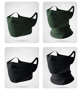 Detail of black and dark green knitted neck gaiters with ear loops and breathable fabric