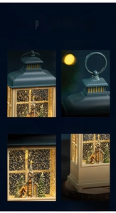 Detail view of vintage Christmas lantern with internal church scene and USB power port