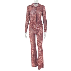 Détail de l'ensemble en maille transparente à imprimé léopard avec chemise et pantalon