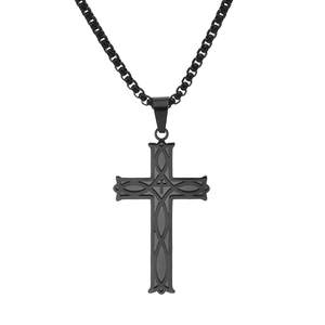 Men's black stainless steel Irish cross necklace with snake chain on white background