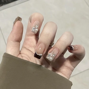 French Black Tip Press On Nails Rhinestone Artificial Pearl Silver Glitter Gradient Square Oval Shape Elegant Fake Nails Women