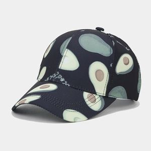 Dark blue baseball cap with all-over avocado print and embroidered text for sun protection