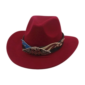 Detail of red wool felt cowboy hat with American flag band and metal USA winged logo